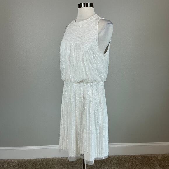 Adrianna Papell Sequined Sleeveless Halter Sheath Cocktail Dress White Size 10 - Picture 4 of 12